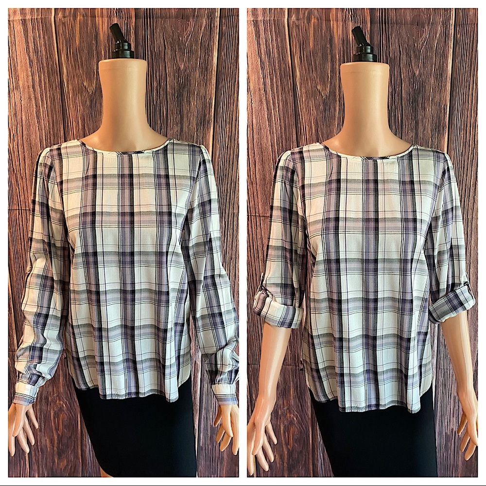 LOFT size small white black & purple casual contemporary plaid blouse